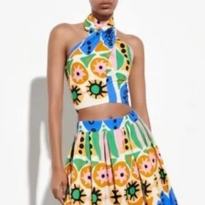 ZARA Colorful Cotton Abstract Batik African Print Halter Crop Top